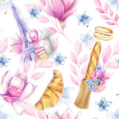 Seamless pattern on the theme of Paris, pastries, the Eiffel Tower in a watercolor style. Spring floral pattern. Ideal for textiles, scrap, wrapping paper