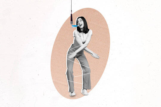 Collage image of black white effect cheerful girl dancing singing hanging microphone isolated on drawing white background