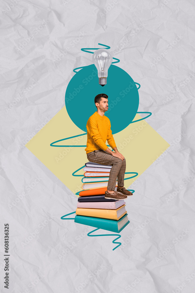 Aufkleber vertical creative abstract photo collage of minded thoughtful deep thinking man sit on book lamp ove