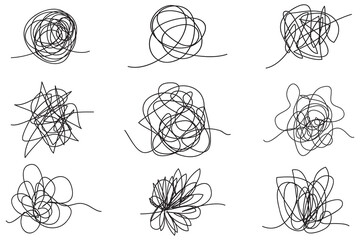 Set of random chaotic lines. Hand drawing insane tangled scribble clew. Vector icon isolated on white background. - obrazy, fototapety, plakaty