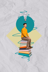 Vertical creative abstract photo collage of minded thoughtful deep thinking man sit on book lamp...