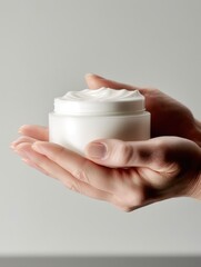 Female hands holding white blank jar of cream on grey background, closeup. generative AI