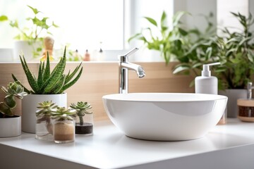 Interior of modern bathroom with sink, mirror and plants on white countertop. generative AI