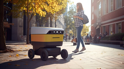 Woman meet delivery robot on street sidewalk, last mile secure package delivery via automatic wireless delivery robot, cargo shipment robot rides on city street, generative AI