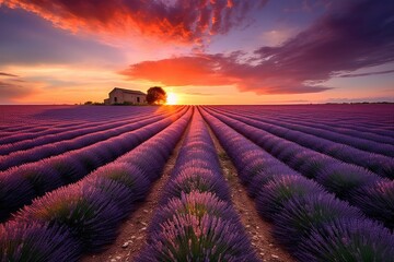 a picturesque sunset over a fragrant lavender field with a charming house in the distance
