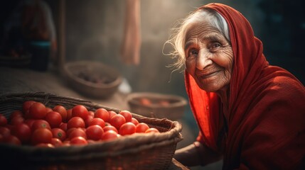 Old indian woman sells ripe tomatoes in local market at beautiful sunlight, rural smiling market seller with basket of red tomatoes welcome customers, happy indian woman sells tomatoes on rural market