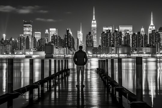 a person standing on a wooden pier with a panoramic view of the city skyline