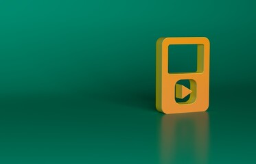 Orange Music player icon isolated on green background. Portable music device. Minimalism concept. 3D render illustration