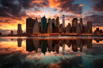 Fototapeta premium Illustration of a city skyline at sunset with a reflection in the water, Generative AI