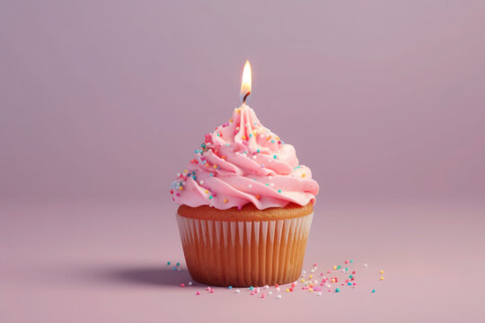 A pink birthday party cupcake with one candle and confetti on blurred background. Generative AI