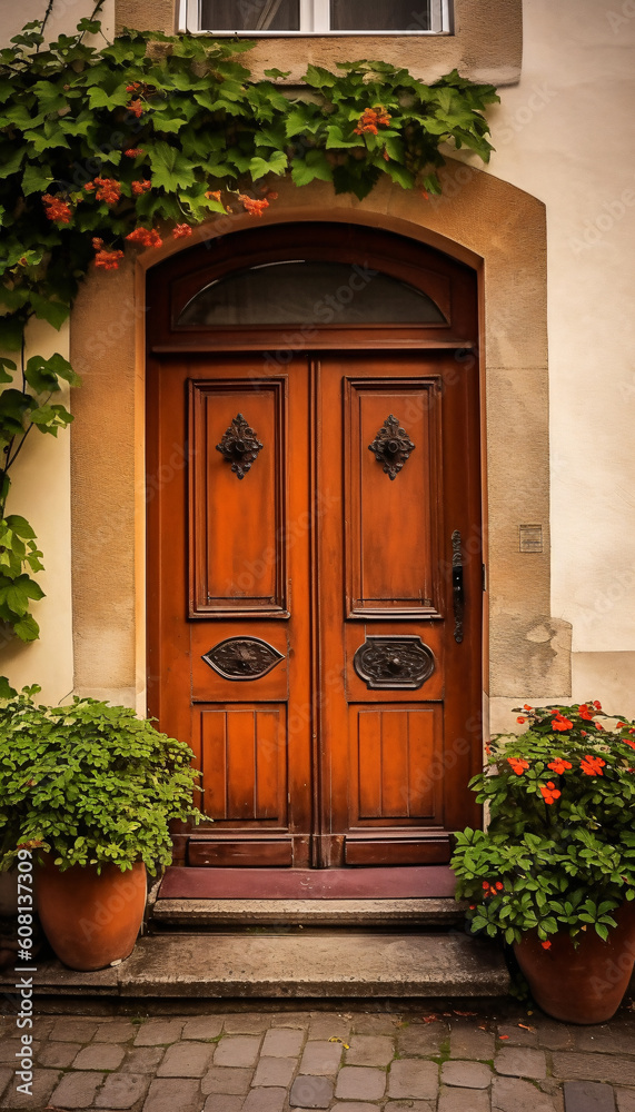 Wall mural Vintage brown wooden front door on the facade of a house, AI generated