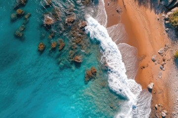 Fototapeta na wymiar An idyllic tropical beach and turquoise ocean from a bird's eye perspective