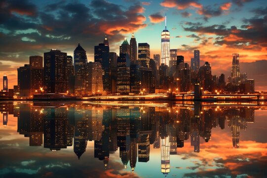 a city skyline at sunset with a stunning water reflection