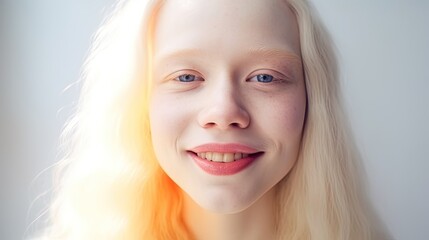Smiling albino young woman close up portrait in white shirt on white background, happy attractive girl with albinism portrait, albino woman with absence of pigment in skin and hair, generative AI - obrazy, fototapety, plakaty