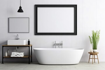 Fototapeta na wymiar Illustration of a modern bathroom with a white tub and a black framed picture on the wall, Generative AI