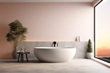 Naklejka na ściany i meble Illustration of a modern bathroom featuring a luxurious white bathtub and natural light from a window, Generative AI