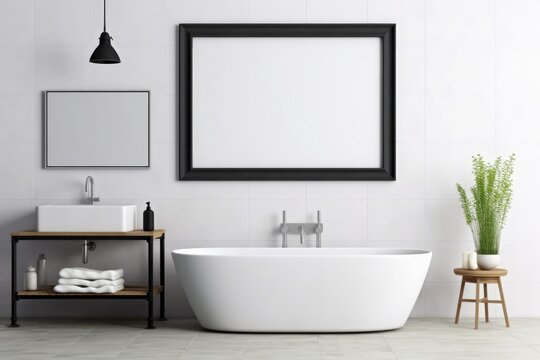 Illustration of a modern bathroom with a white tub and a black framed picture on the wall, Generative AI