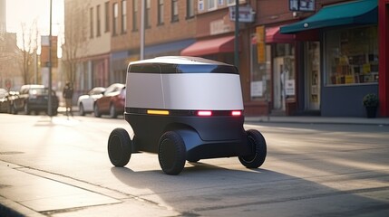 Delivery robot drives down the street sidewalk, last mile secure package delivery via automatic wireless delivery robot, cargo shipment robot rides on city street, generative AI