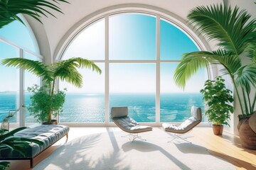 Illustration of a modern living room featuring a panoramic view of the ocean through a large window, Generative AI