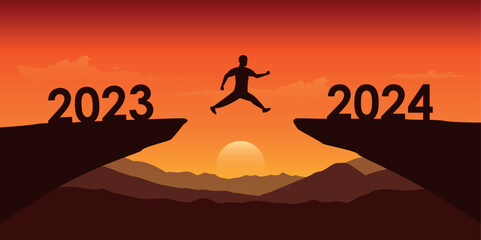 man jumping over a cliff from 2023 to 2024 at dramatic sunset