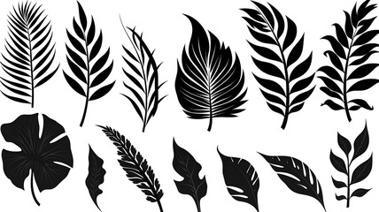 Set of palm leaves silhouettes isolated on white background. Generate by AI