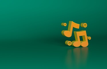Orange Music note, tone icon isolated on green background. Minimalism concept. 3D render illustration