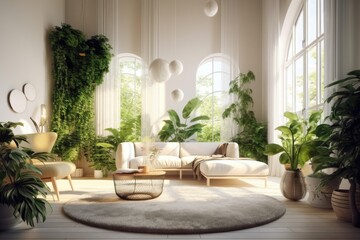 Illustration of a lush and vibrant living room filled with a variety of green plants, Generative AI
