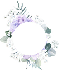 Watercolor Round Shaped Frame with Hydrangea, Gypsophila and Eucalyptus on Transparent Background