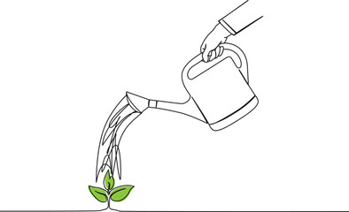 continuous single line drawing of person watering small green plant with watering can, line art vector illustration