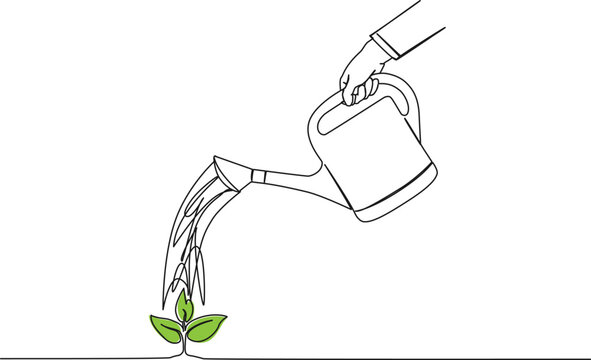 recommend clip art: continuous single line drawing of person watering small green plant with watering can, line art vector illustration