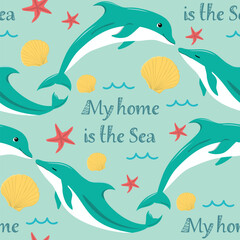 Cute summer pattern with dolphins. Baby sea illustration for fabric textile, wallpaper, wrapping, cover. 