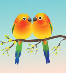 
Two very cute egg shaped sun parakeets in the shape of an egg. They are sitting cosy  facing eachother. Soft blue gradient background. The birds are perched on a branch with yellow blossom.
