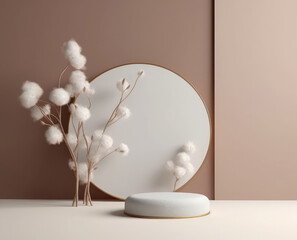 Mockup of a white podium with a branch of cotton on a beige background for the presentation products, a fashion round stage with a decorative frame. Generative AI technology