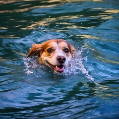 Dog swimming in a lake with a happy face and water generative ai
