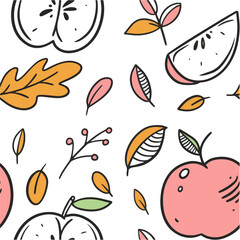 Autumn season leafs or leaves and apple fruit seamless pattern.
