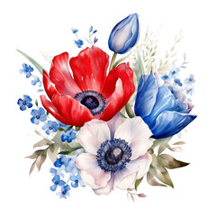 4th of July Flowers Sublimation, 4th of July Watercolor Clipart. Red, Blue and White Watercolor Flowers.