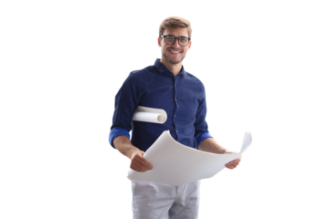 Confident young business man in shirt examining blueprint on a transparent background