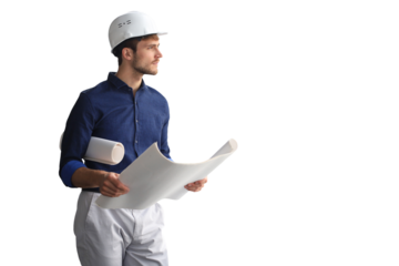 Confident young business man in hardhat holding blueprint and looking away on a transparent background