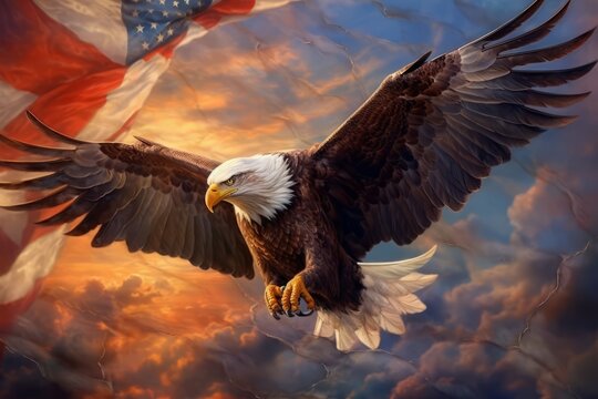 An epic image of a majestic Bald Eagle soaring through the sky, carrying an American flag in its talons, against a backdrop of a vibrant sunset colors. Concept strength and freedom. Generative AI
