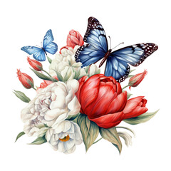 4th of July Floral Butterfly Sublimation, 4th of July Watercolor Clipart. Red, Blue and White Watercolor Flowers.