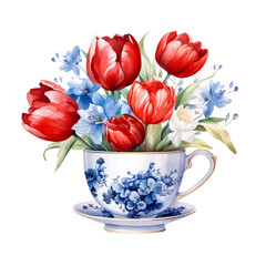 Obraz na płótnie Canvas 4th of July Floral Teacup Sublimation, 4th of July Watercolor Clipart. Red, Blue and White Watercolor Flowers.