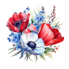 4th of July Flowers Sublimation, 4th of July Watercolor Clipart. Red, Blue and White Watercolor Flowers.