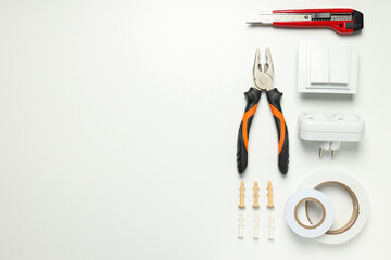 Concept of different work accessories, engineering supplies and tools