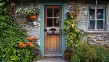 Back door on the facade of a cozy country house or cottage. AI generated