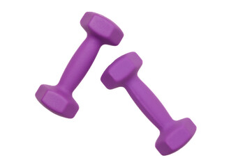 Two rubberized dumbbells 2 kg in purple color isolated on white. Sports training, fitness, sports equipment