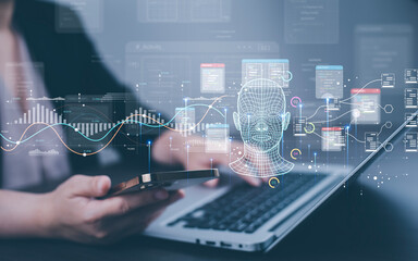 Programmer people working and touch virtual screen AI, artificial intelligence software engineer coding on laptop computers with technology icons and binary code, big data, coding Ai robot digital