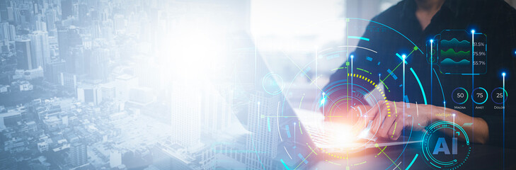 Programmer people working and touch virtual screen AI, artificial intelligence software engineer coding on laptop computers with technology icons and binary code, big data, coding Ai robot digital