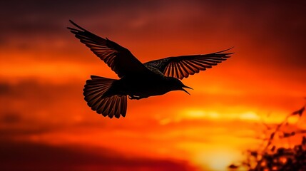 Fototapeta na wymiar Bird Flying on Sunset Sky, Image Ai Generated