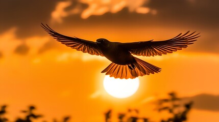 Bird Flying on Sunset Sky, Image Ai Generated