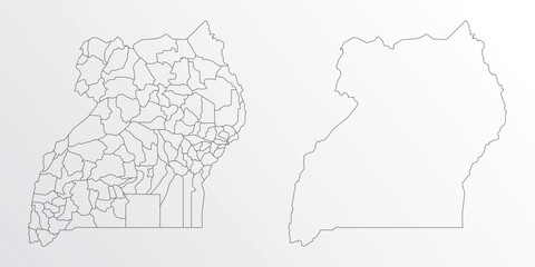 Black Outline vector Map of Uganda with regions on white background